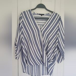 High-low Navy & White Blouse, M, Faux Wrap Front